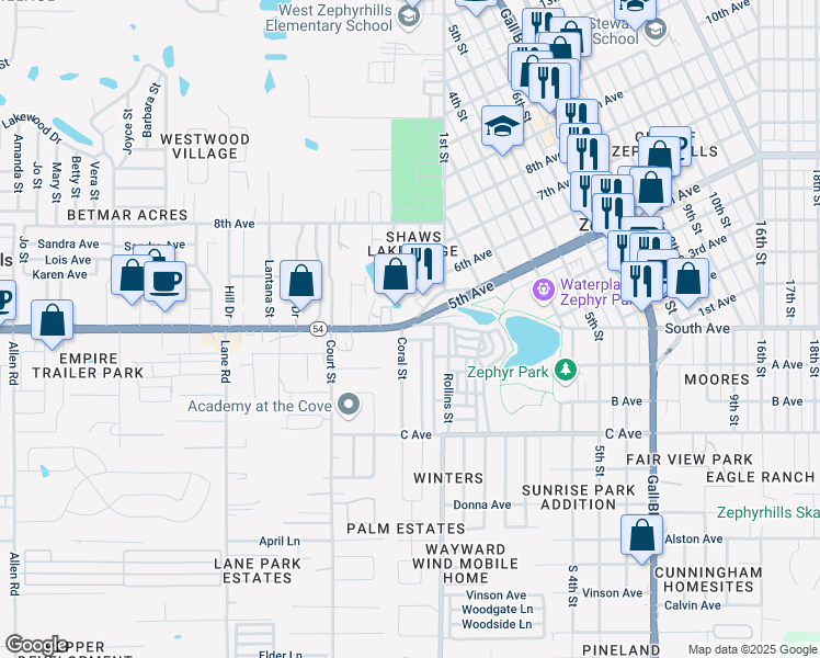 map of restaurants, bars, coffee shops, grocery stores, and more near 37914 Florida 54 in Zephyrhills