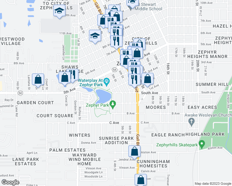map of restaurants, bars, coffee shops, grocery stores, and more near 38314 South Avenue in Zephyrhills