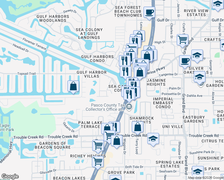 map of restaurants, bars, coffee shops, grocery stores, and more near 4844 Booth Bay Drive in New Port Richey