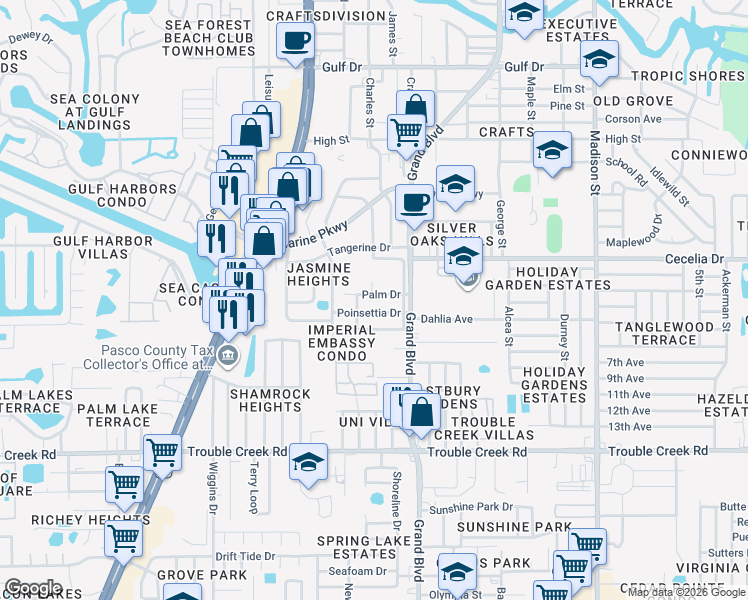 map of restaurants, bars, coffee shops, grocery stores, and more near 5410 Palm Drive in Port Richey