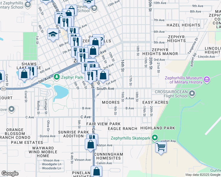 map of restaurants, bars, coffee shops, grocery stores, and more near 38630 South Avenue in Zephyrhills