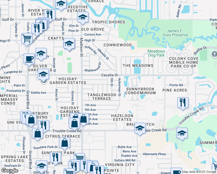 map of restaurants, bars, coffee shops, grocery stores, and more near 4852 Fleetwood Street in New Port Richey