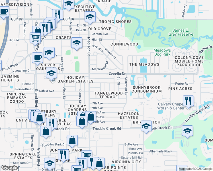 map of restaurants, bars, coffee shops, grocery stores, and more near 4852 Elmwood Street in New Port Richey