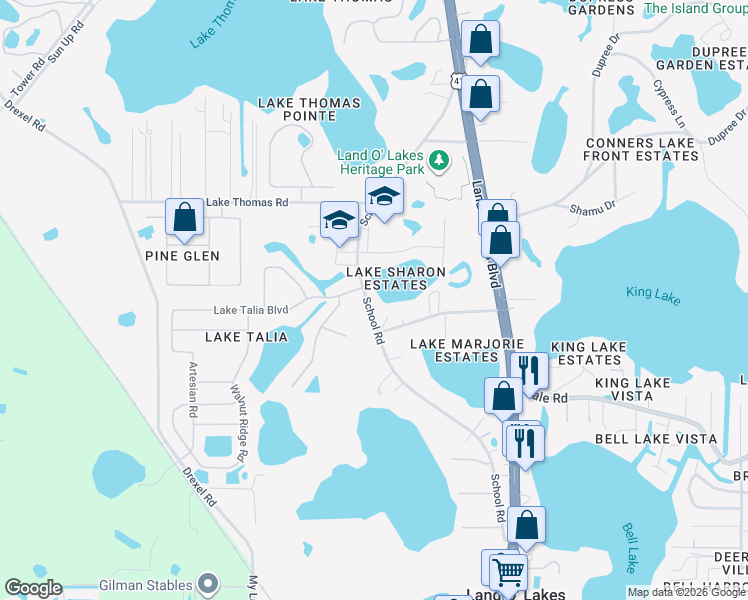 map of restaurants, bars, coffee shops, grocery stores, and more near 4954 School Road in Land O' Lakes