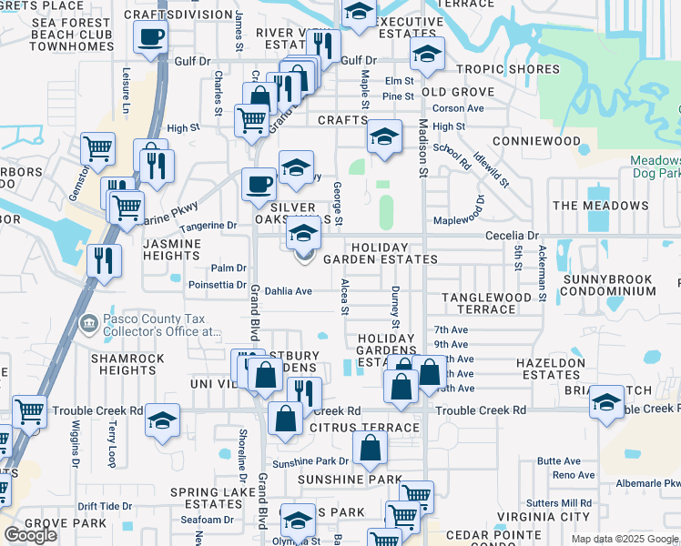 map of restaurants, bars, coffee shops, grocery stores, and more near 4853 Alcea Street in New Port Richey