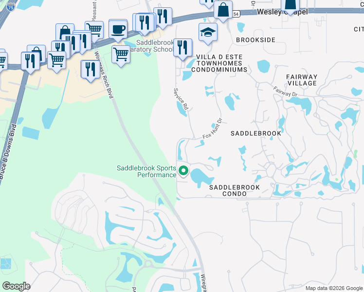 map of restaurants, bars, coffee shops, grocery stores, and more near 5019 Mill Pond Road in Zephyrhills