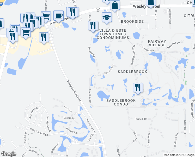 map of restaurants, bars, coffee shops, grocery stores, and more near 5020 Mill Pond Road in Zephyrhills