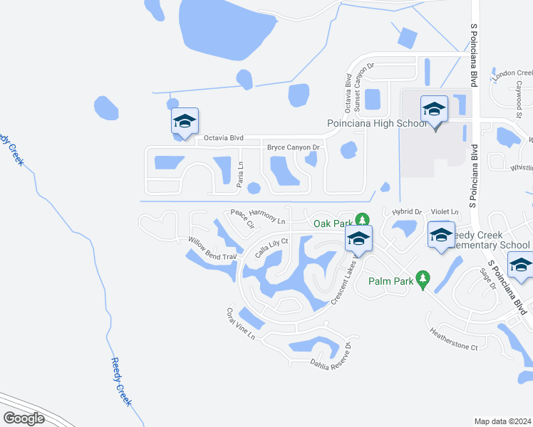map of restaurants, bars, coffee shops, grocery stores, and more near 5415 Harmony Lane in Kissimmee