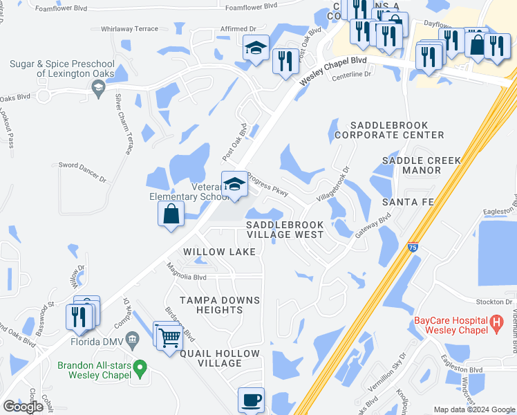 map of restaurants, bars, coffee shops, grocery stores, and more near 27001 Arrowbrook Way in Wesley Chapel