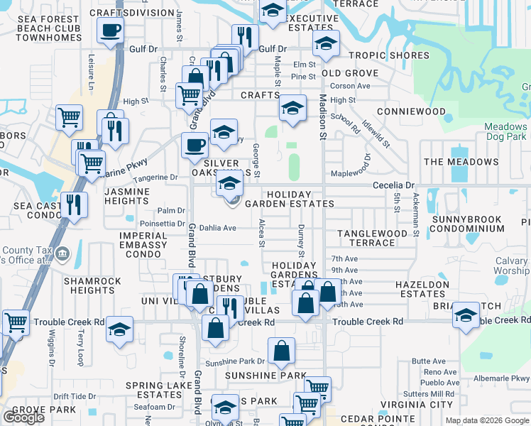 map of restaurants, bars, coffee shops, grocery stores, and more near 5747 Embay Avenue in New Port Richey