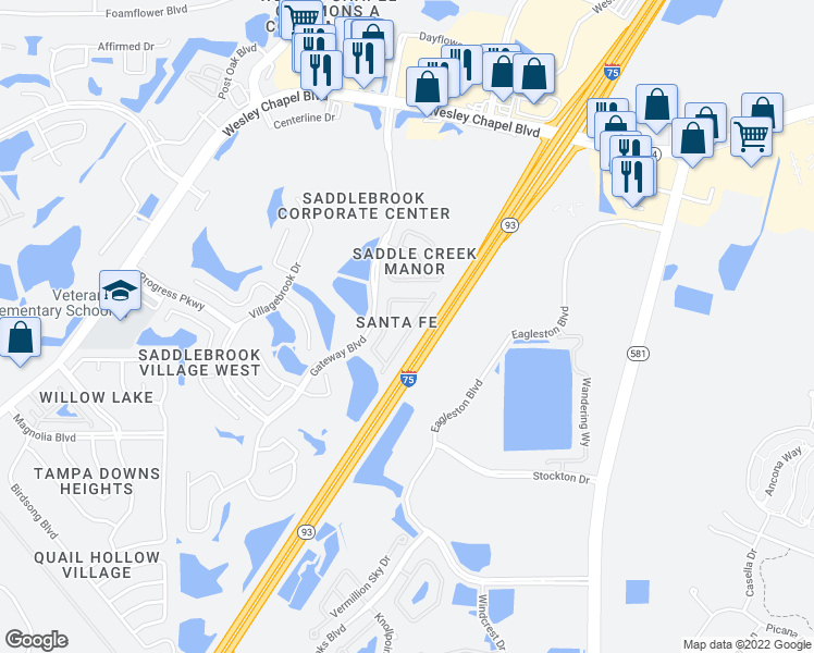 map of restaurants, bars, coffee shops, grocery stores, and more near 5039 Cactus Needle Lane in Wesley Chapel