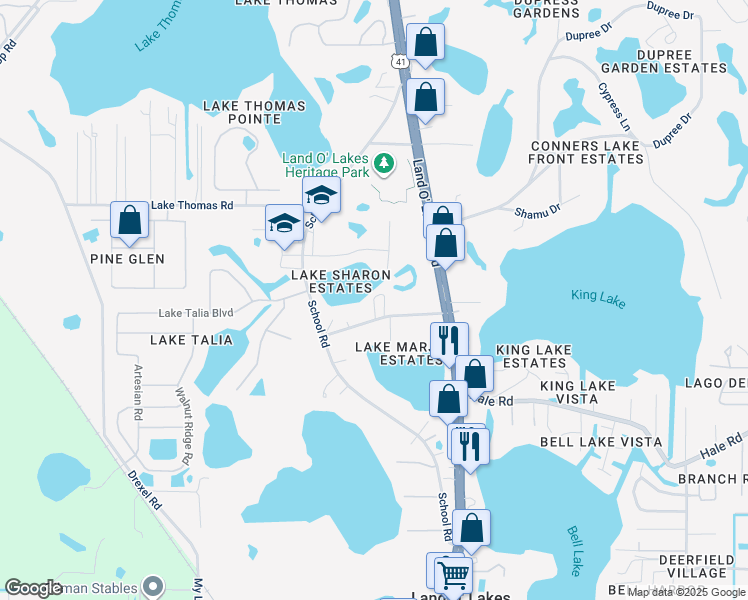 map of restaurants, bars, coffee shops, grocery stores, and more near 4938 Addessi Loop in Land O' Lakes