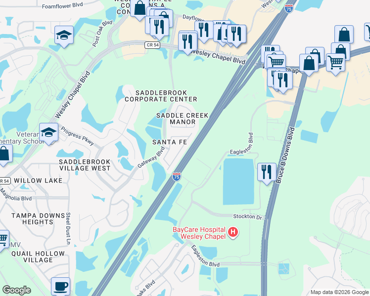 map of restaurants, bars, coffee shops, grocery stores, and more near 5022 Cactus Needle Lane in Wesley Chapel
