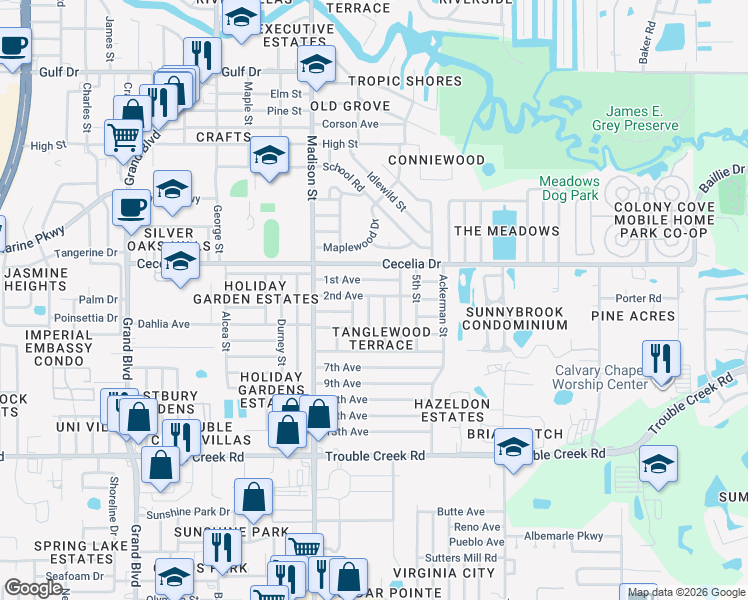 map of restaurants, bars, coffee shops, grocery stores, and more near 4852 Elmwood Street in New Port Richey