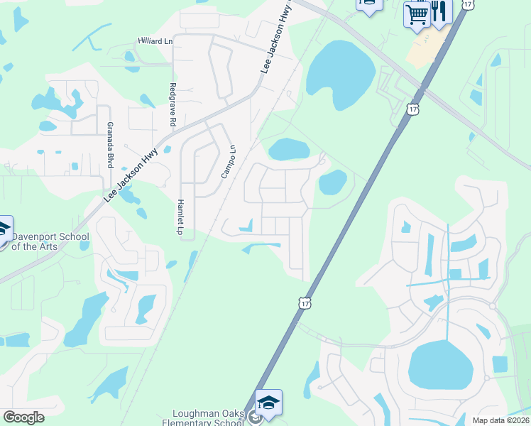 map of restaurants, bars, coffee shops, grocery stores, and more near 102 Paloma Drive in Davenport