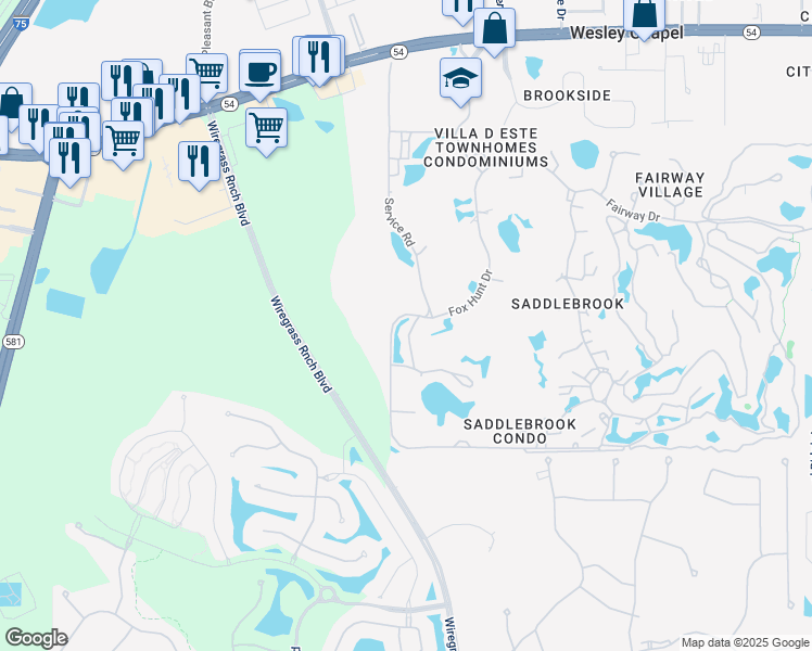 map of restaurants, bars, coffee shops, grocery stores, and more near 5019 Mill Pond Road in Zephyrhills