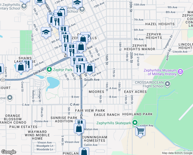 map of restaurants, bars, coffee shops, grocery stores, and more near 38630 South Avenue in Zephyrhills