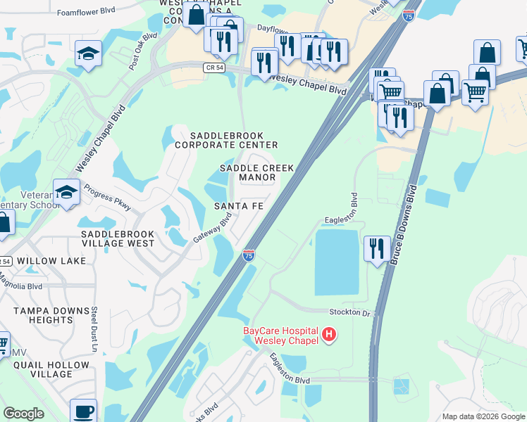 map of restaurants, bars, coffee shops, grocery stores, and more near 5040 Cactus Needle Lane in Wesley Chapel
