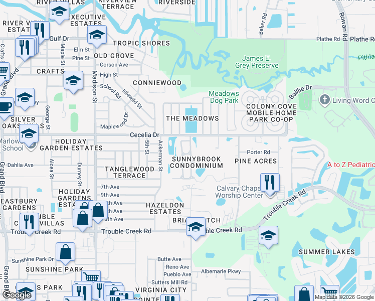 map of restaurants, bars, coffee shops, grocery stores, and more near 4832 Sunnybrook Drive in New Port Richey
