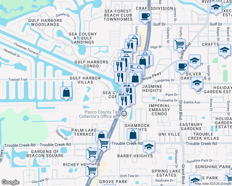map of restaurants, bars, coffee shops, grocery stores, and more near 4936 Floramar Terrace in New Port Richey