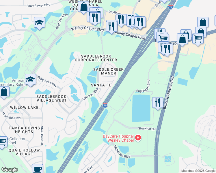 map of restaurants, bars, coffee shops, grocery stores, and more near 5022 Cactus Needle Lane in Wesley Chapel