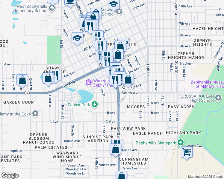 map of restaurants, bars, coffee shops, grocery stores, and more near in Zephyrhills