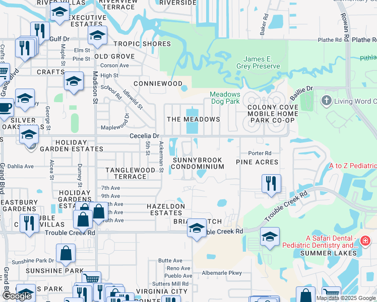 map of restaurants, bars, coffee shops, grocery stores, and more near 4832 Sunnybrook Drive in New Port Richey