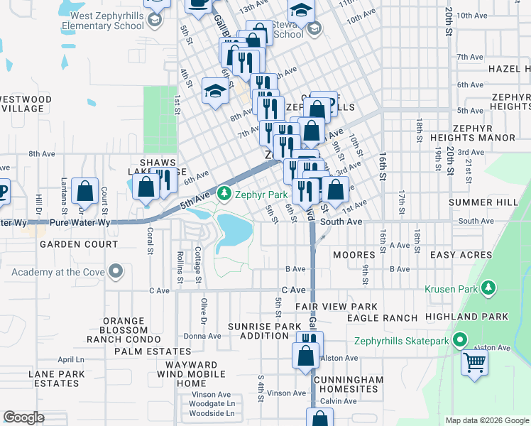 map of restaurants, bars, coffee shops, grocery stores, and more near 4941 4th Street in Zephyrhills