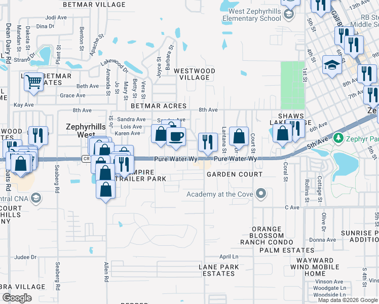 map of restaurants, bars, coffee shops, grocery stores, and more near 37352 Florida 54 in Zephyrhills