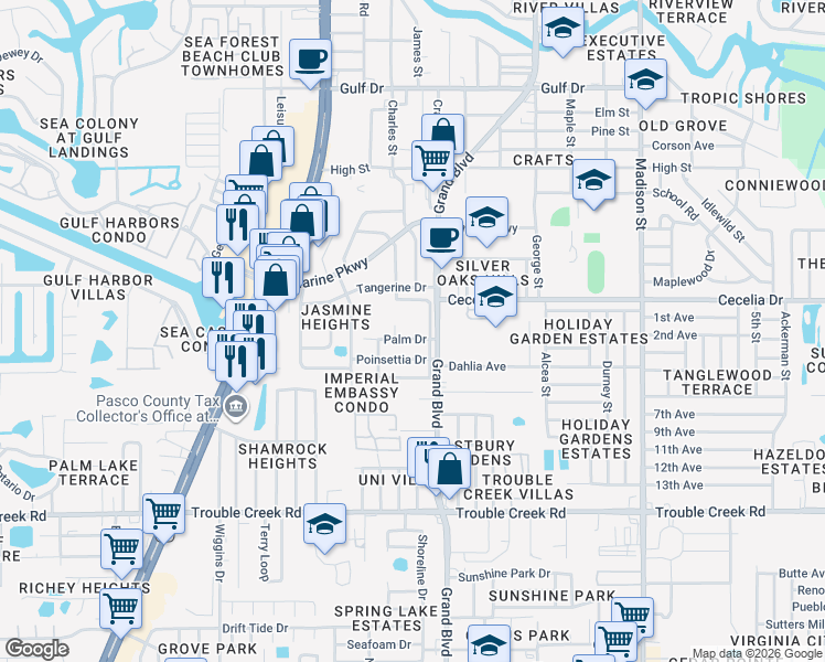 map of restaurants, bars, coffee shops, grocery stores, and more near 5410 Palm Drive in Port Richey