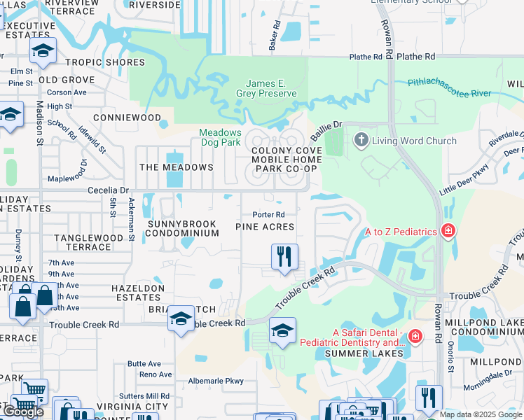 map of restaurants, bars, coffee shops, grocery stores, and more near 6807 Porter Road in New Port Richey