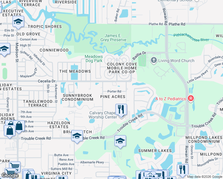 map of restaurants, bars, coffee shops, grocery stores, and more near 6812 Porter Road in New Port Richey