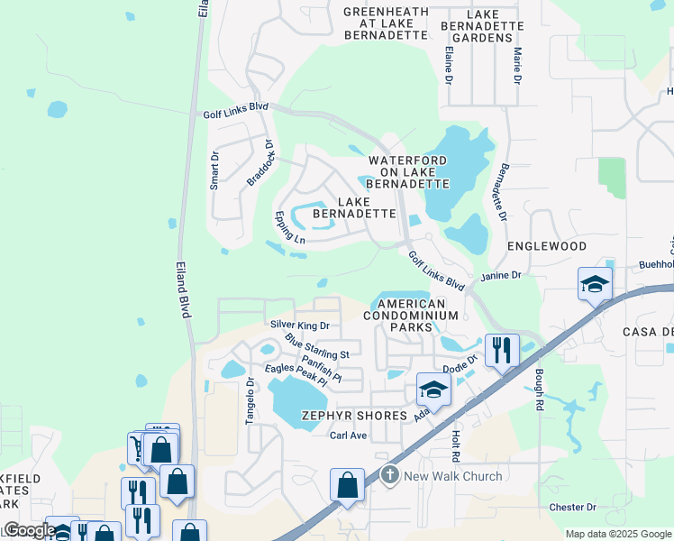 map of restaurants, bars, coffee shops, grocery stores, and more near 34907 Double Eagle Court in Zephyrhills