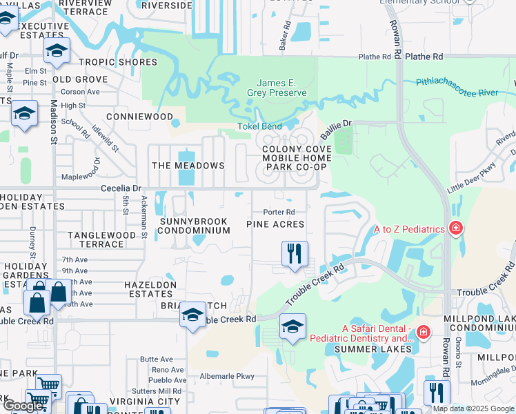 map of restaurants, bars, coffee shops, grocery stores, and more near 4916 Voorhees Road in New Port Richey
