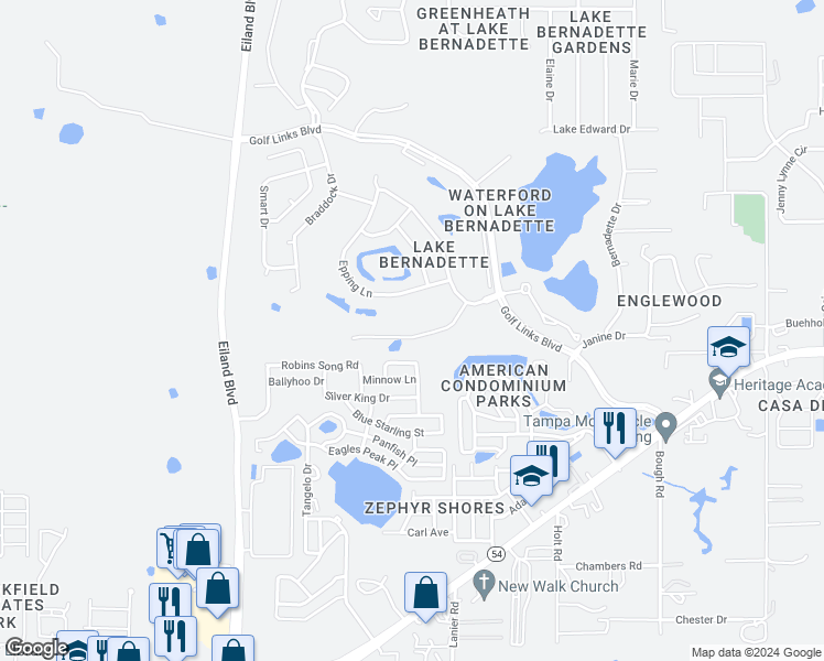 map of restaurants, bars, coffee shops, grocery stores, and more near 34903 Double Eagle Court in Zephyrhills