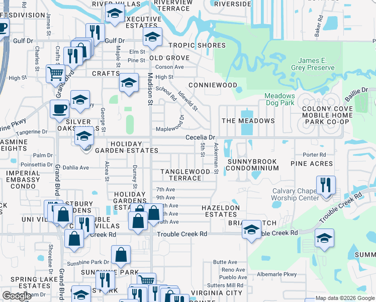 map of restaurants, bars, coffee shops, grocery stores, and more near 4852 Fleetwood Street in New Port Richey