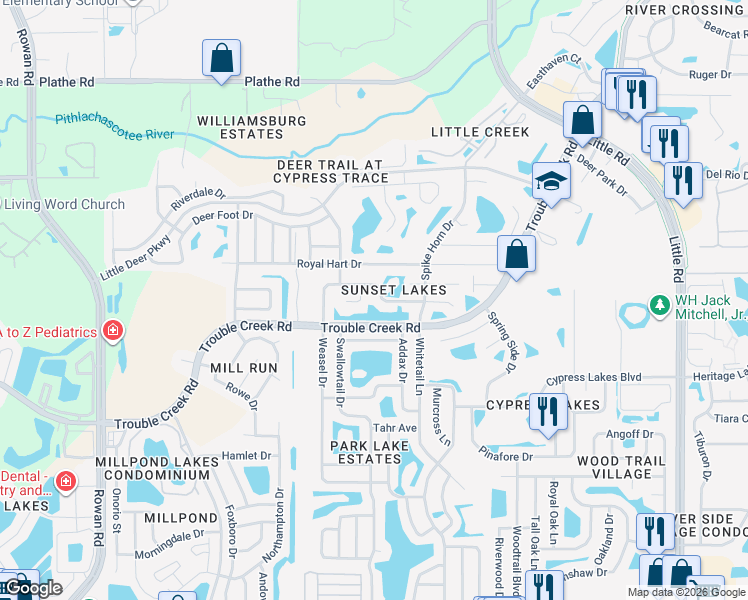 map of restaurants, bars, coffee shops, grocery stores, and more near 8200 Baytree Drive in New Port Richey