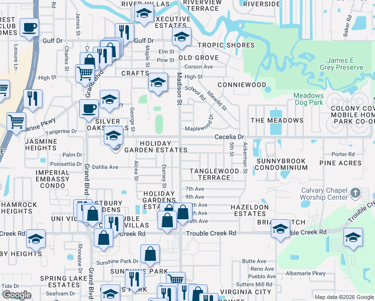 map of restaurants, bars, coffee shops, grocery stores, and more near 6027 3rd Avenue in New Port Richey