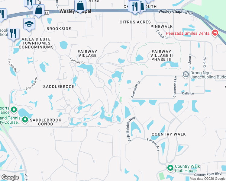 map of restaurants, bars, coffee shops, grocery stores, and more near 5022 Pinelake Road in Zephyrhills