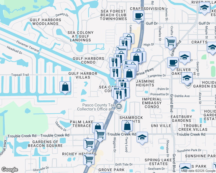 map of restaurants, bars, coffee shops, grocery stores, and more near 4936 Floramar Terrace in New Port Richey