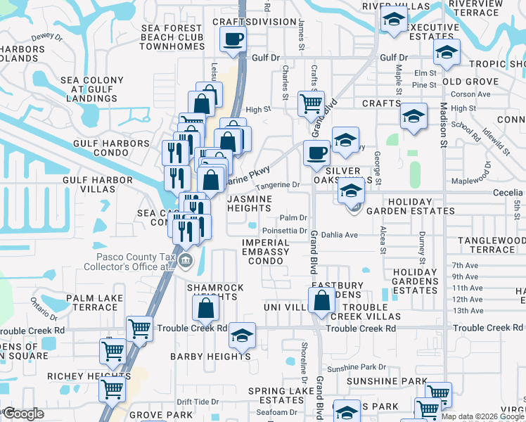 map of restaurants, bars, coffee shops, grocery stores, and more near 4848 Azalea Drive in New Port Richey
