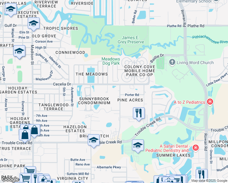 map of restaurants, bars, coffee shops, grocery stores, and more near 4927 Voorhees Road in New Port Richey