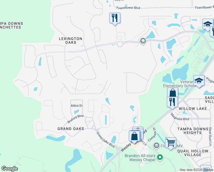 map of restaurants, bars, coffee shops, grocery stores, and more near 26000 Risen Star Drive in Wesley Chapel