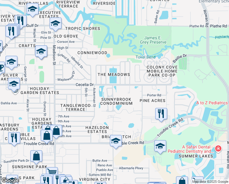 map of restaurants, bars, coffee shops, grocery stores, and more near 4916 Sunnybrook Drive in New Port Richey