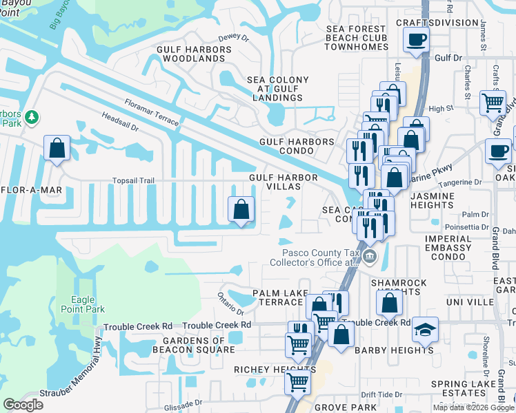 map of restaurants, bars, coffee shops, grocery stores, and more near 4852 Pompano Drive in New Port Richey