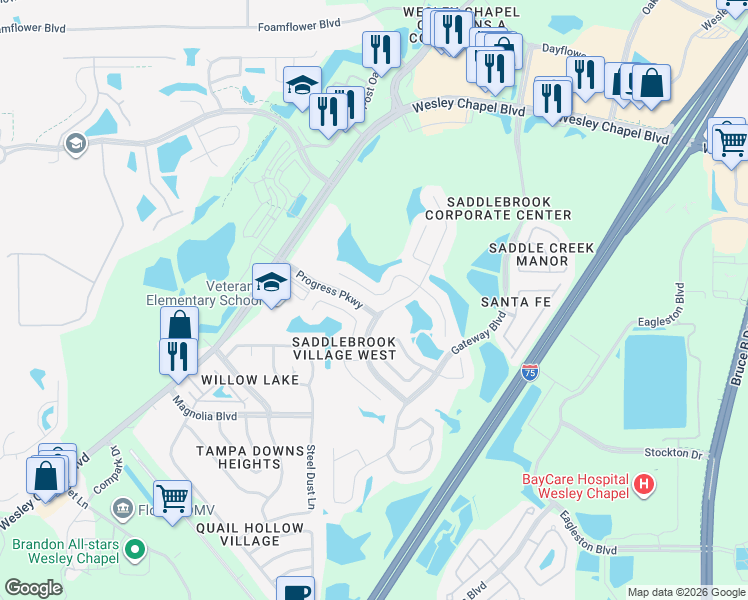 map of restaurants, bars, coffee shops, grocery stores, and more near 27122 Hollybrook Trail in Wesley Chapel