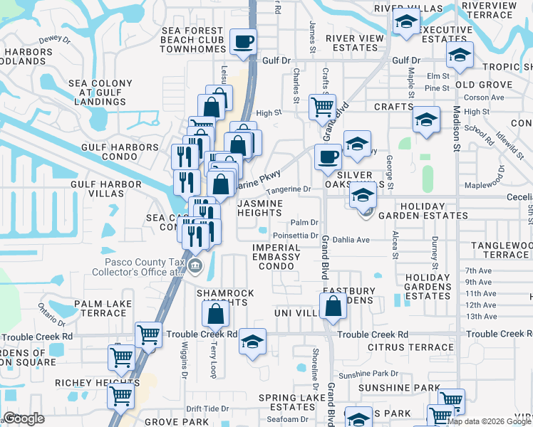 map of restaurants, bars, coffee shops, grocery stores, and more near 4923 Azalea Drive in New Port Richey