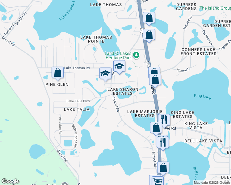 map of restaurants, bars, coffee shops, grocery stores, and more near 4954 School Road in Land O' Lakes