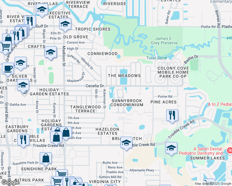 map of restaurants, bars, coffee shops, grocery stores, and more near 5005 Brookside Lane in New Port Richey