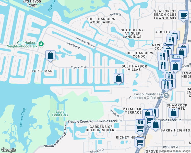 map of restaurants, bars, coffee shops, grocery stores, and more near 4953 Blue Heron Drive in Port Richey